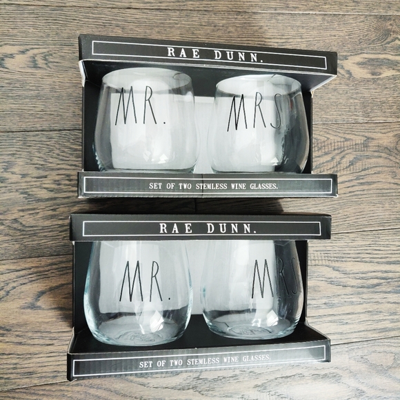 Brand new Rae Dunn Mr & Mrs stemless wine glasses